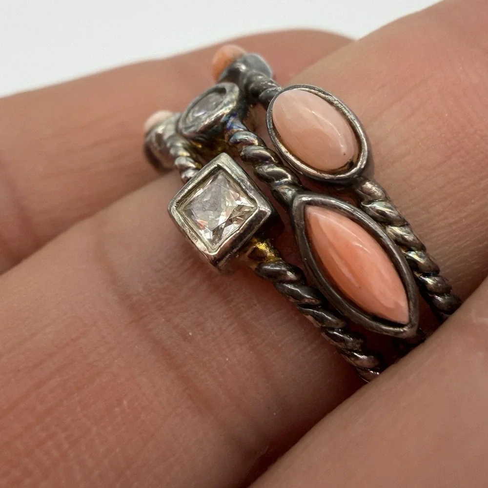 Vintage ESPO Joseph Esposito Sterling Silver 925 Coral Gemstone Ring CZ Sz 7‎